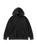 Front view of the Privathinker WY84 oversized washed hoodie in black, with dropped shoulders and a kangaroo pocket.