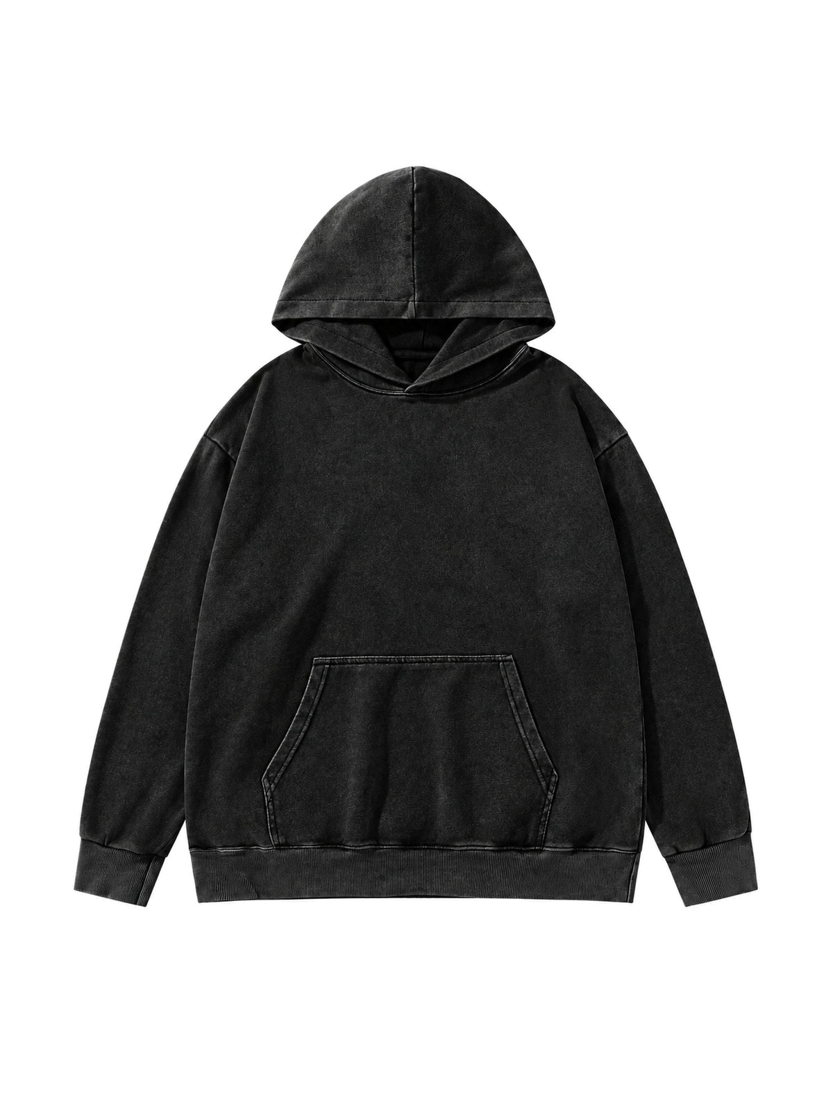 Front view of the Privathinker WY84 oversized washed hoodie in black, with dropped shoulders and a kangaroo pocket.