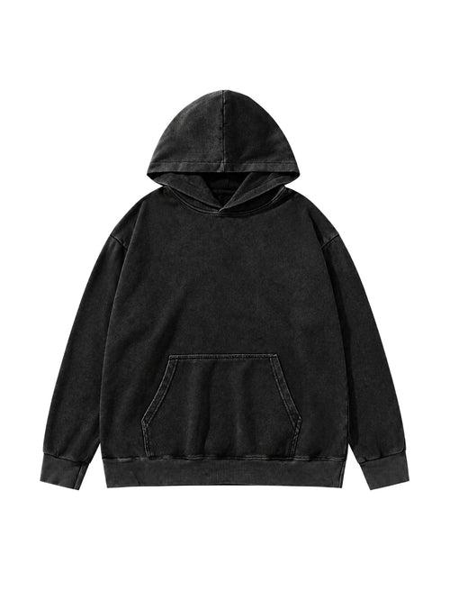 Front view of the Privathinker WY84 oversized washed hoodie in black, with dropped shoulders and a kangaroo pocket.
