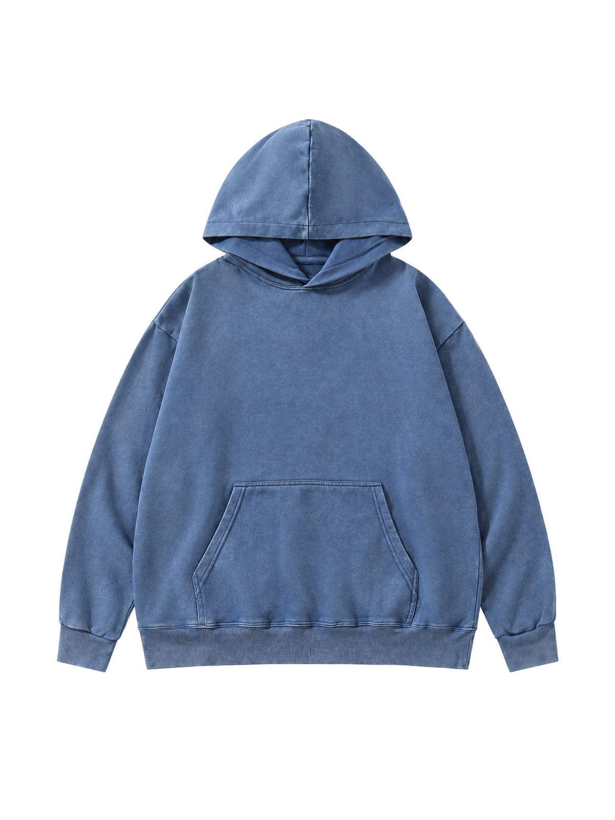 Front view of the Privathinker WY84 oversized washed hoodie in blue, with dropped shoulders and a kangaroo pocket.