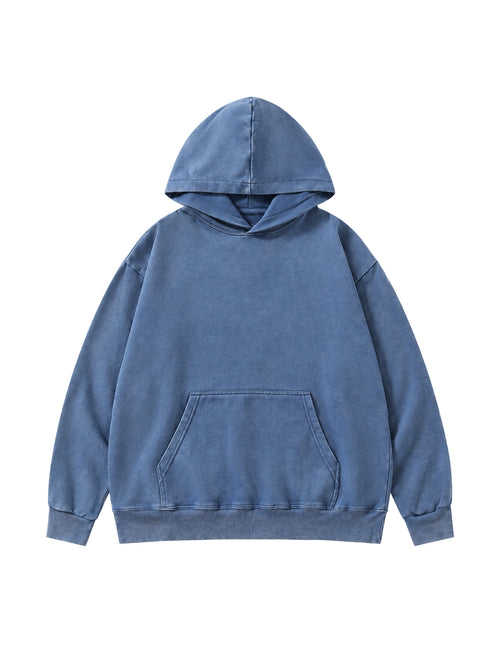 Front view of the Privathinker WY84 oversized washed hoodie in blue, with dropped shoulders and a kangaroo pocket.
