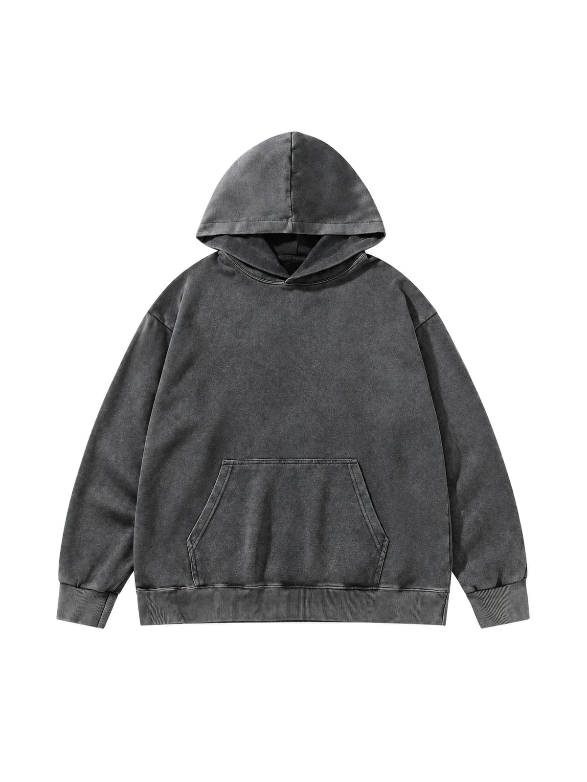 Front view of the Privathinker WY84 oversized washed hoodie in gray, with dropped shoulders and a kangaroo pocket.