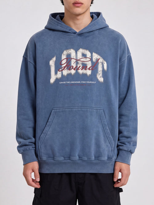 Front view of a blue Lost & Found washed hoodie with dropped shoulders and a kangaroo pocket.